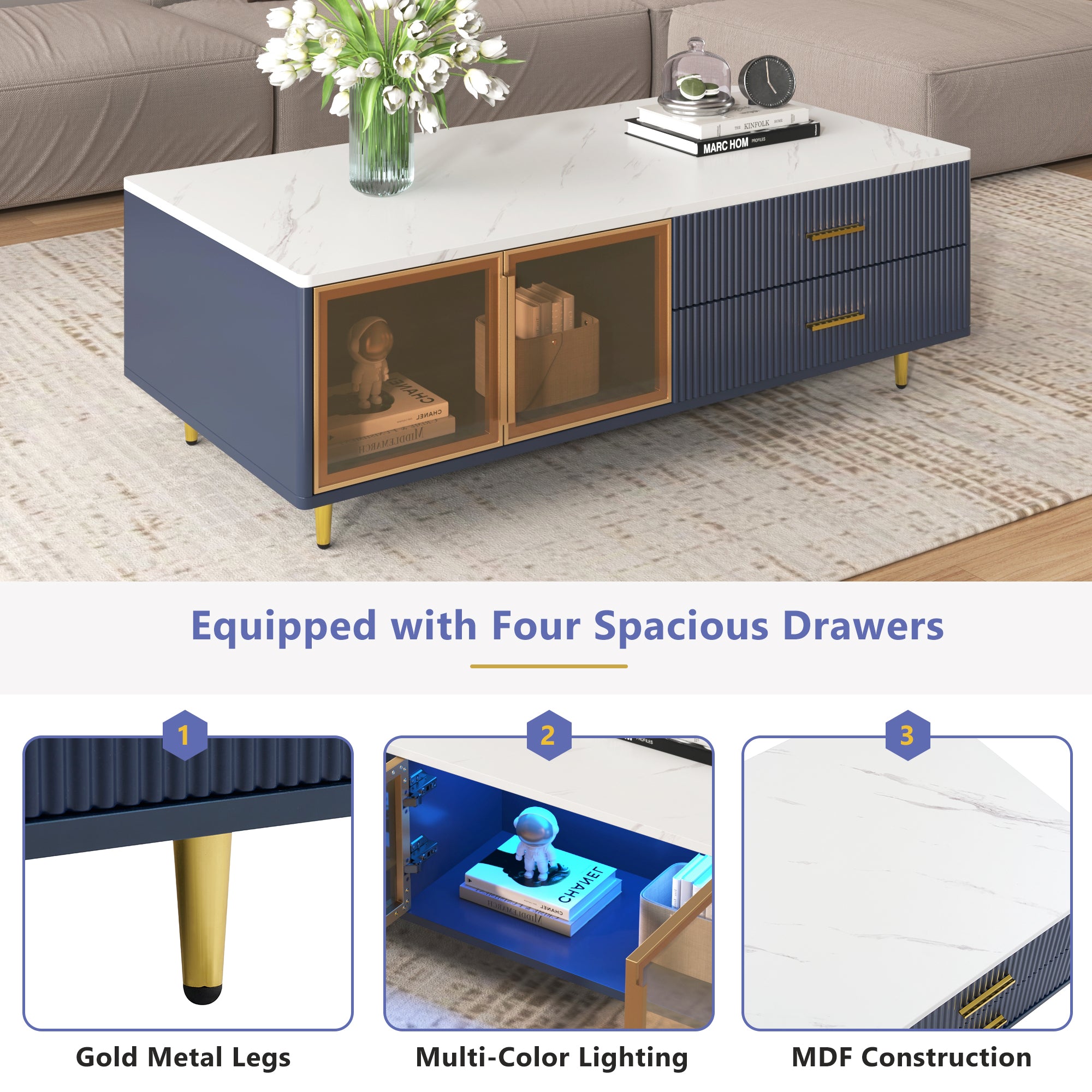 Modern Navy Blue Coffee Table with 2 Glass Door Storage, 4 Drawers, Gold Metal Legs, and Multi-Color Lighting in 47.2''