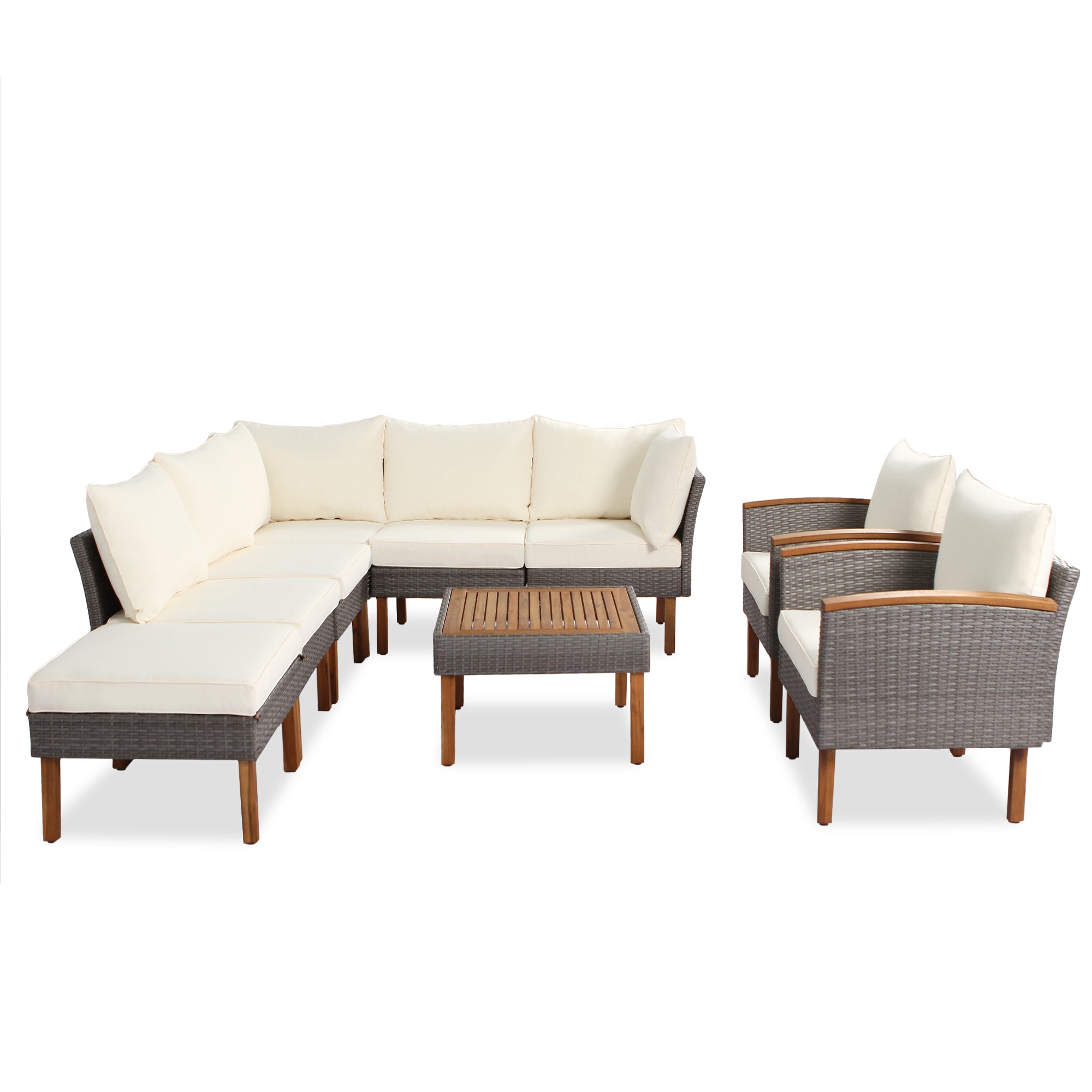 9-piece Patio rattan furniture set with Acacia wooden legs and tabletop sofa set, coffee table washable cushion beige