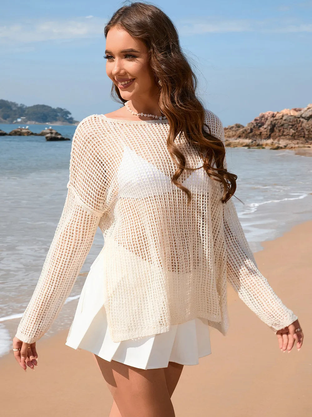 Solid color long sleeved knitted fashionable vacation bikini beach cover shirt