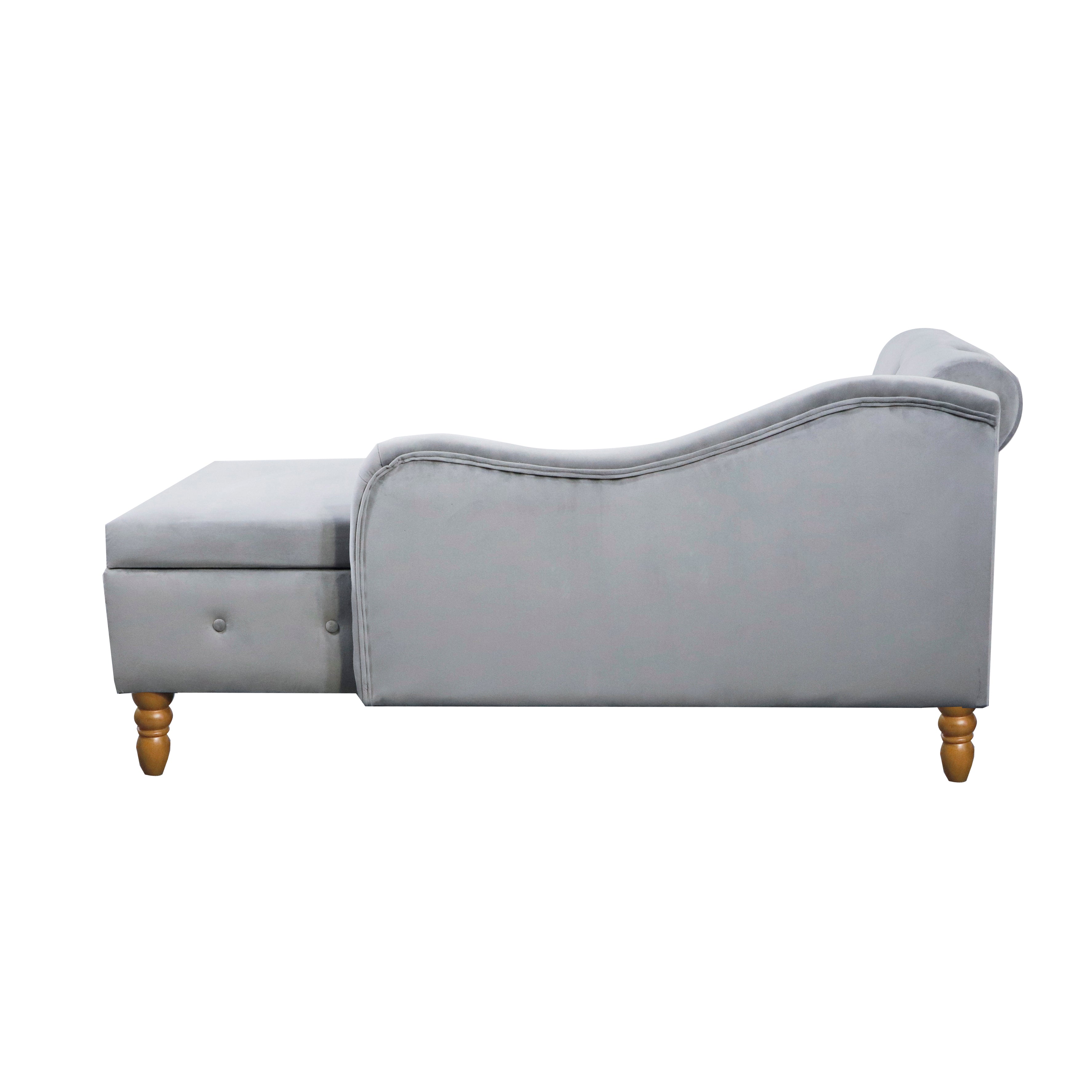 Grey Chaise Lounge Indoor Velvet Lounge Chair for Bedroom with Storage & Pillow Modern Upholstered Rolled Arm Chase Lounge