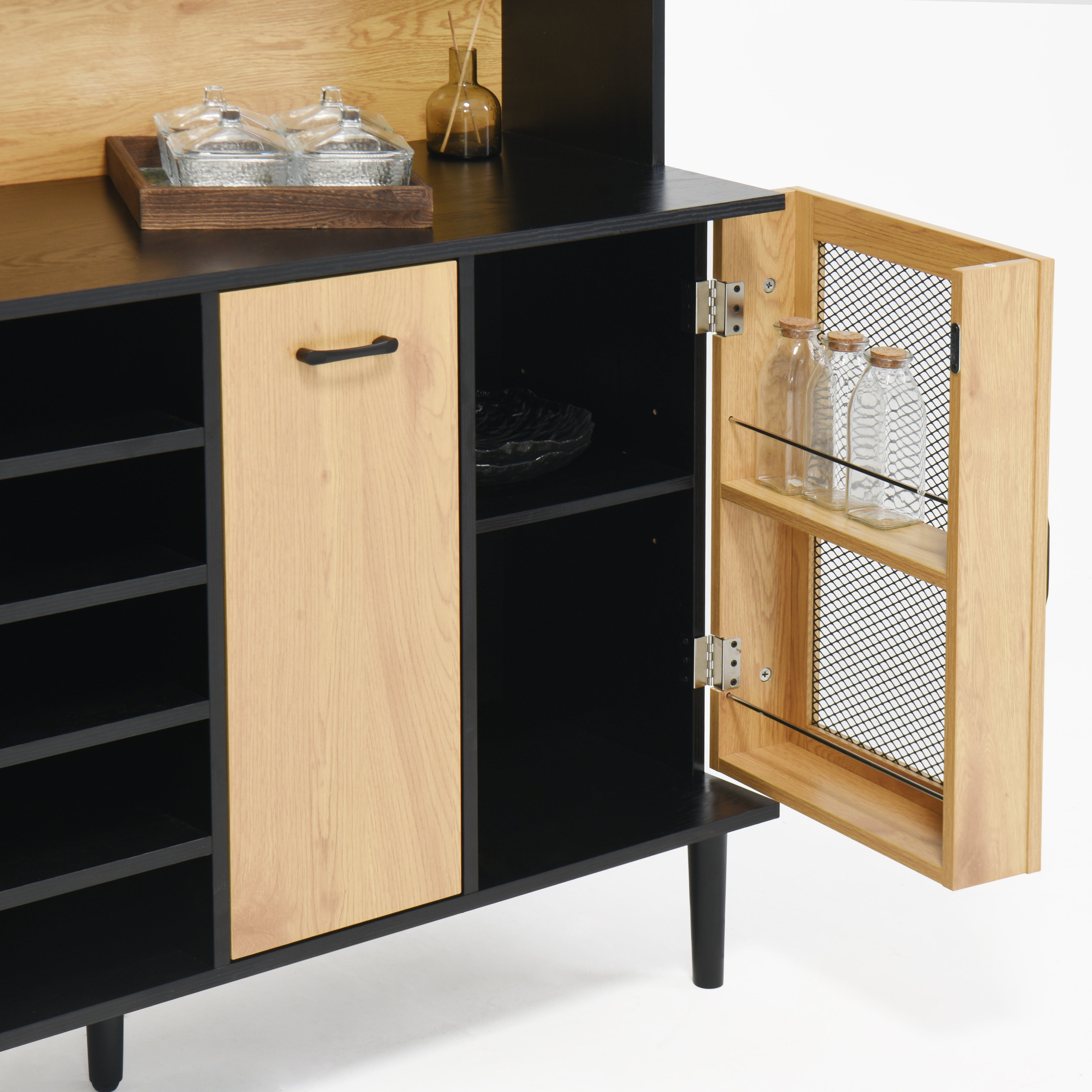 59 "H buffet side cabinet with storage door and power outlet, coffee bar cabinet with wine rack, black and natural colors