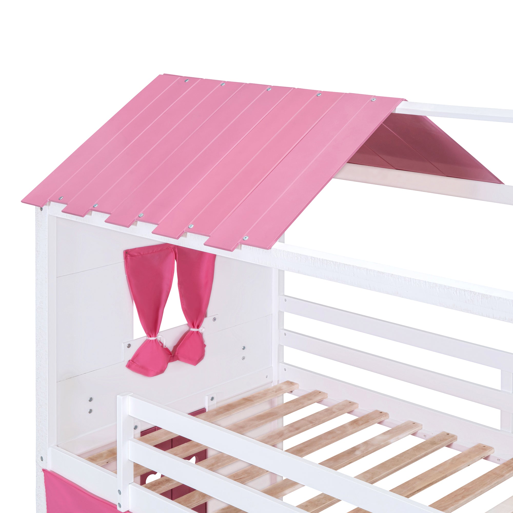 Twin Size Bunk Wood House Bed with Elegant Windows, Sills and Tent, Pink+White