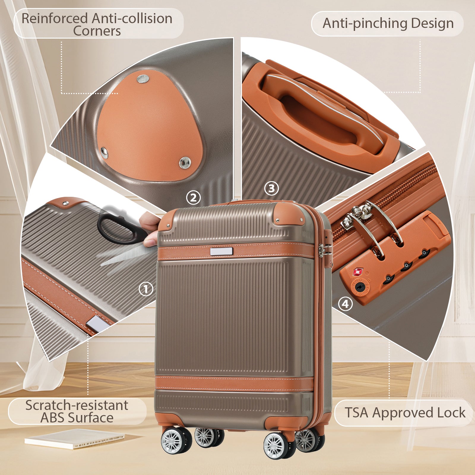 Hardshell Luggage Sets 3 Piece Carry-on Suitcase Double Spinner Wheels with TSA Lock for Men Women, Coppery (20in)