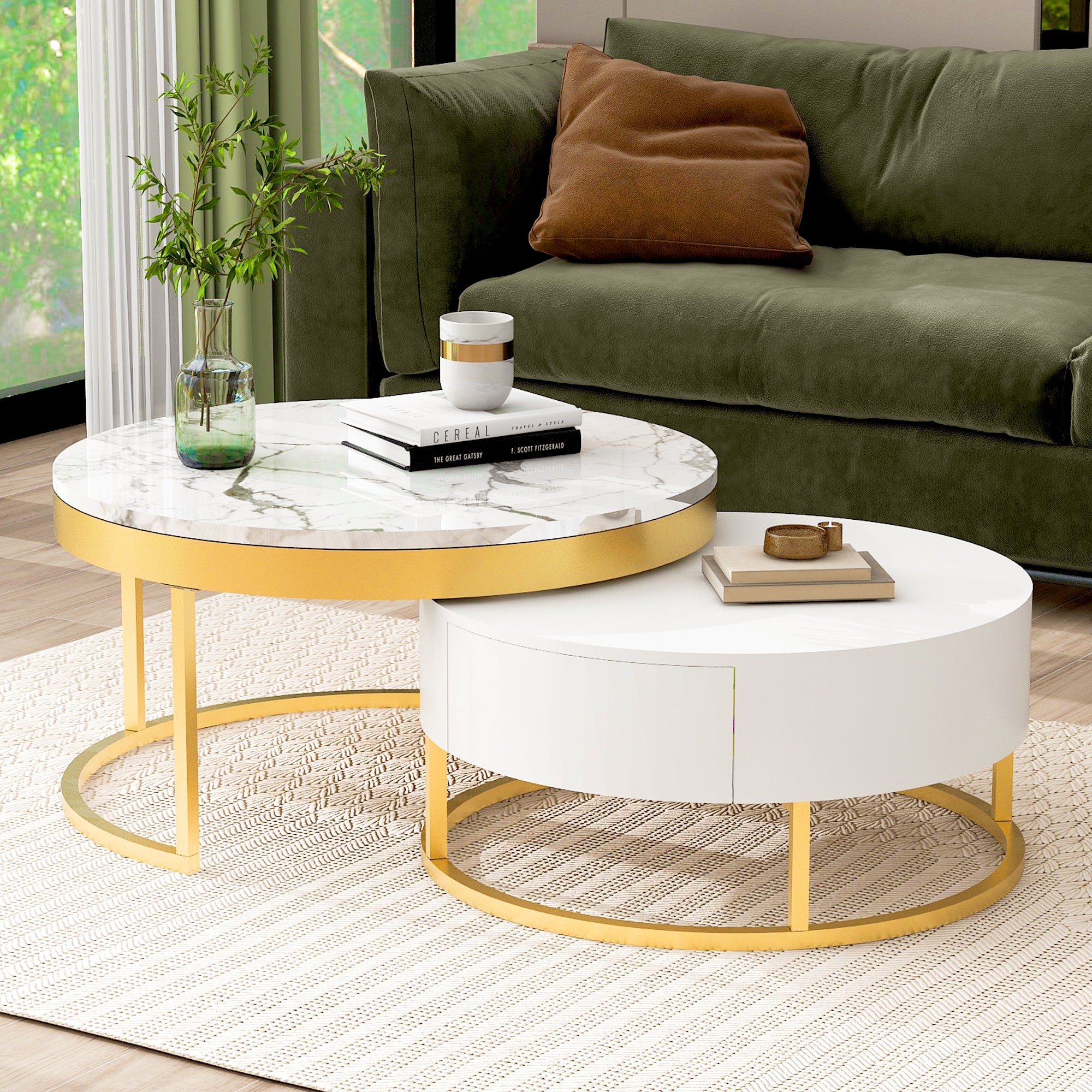 Modern Round Nesting Coffee Table with Drawers in White