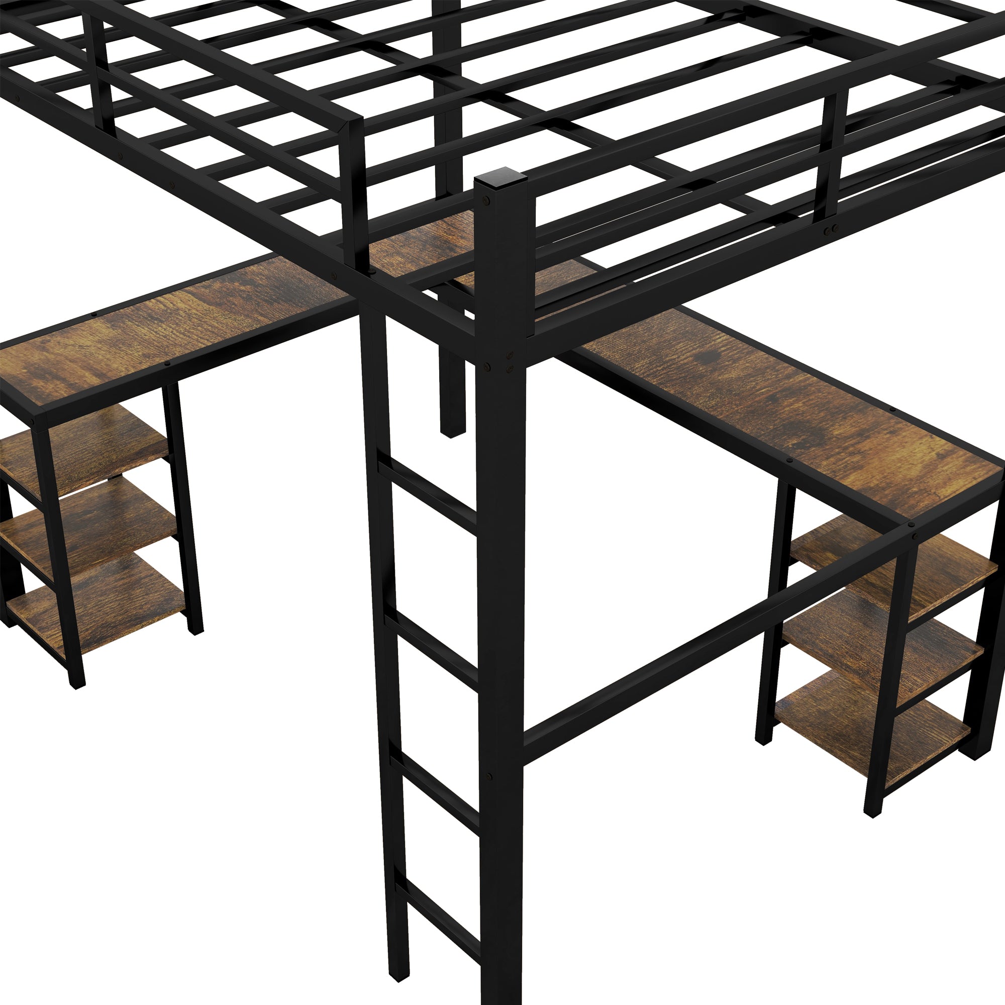 Full metal loft bed with desk and shelf, loft bed with ladder and guardrail, bedroom loft bed frame, black