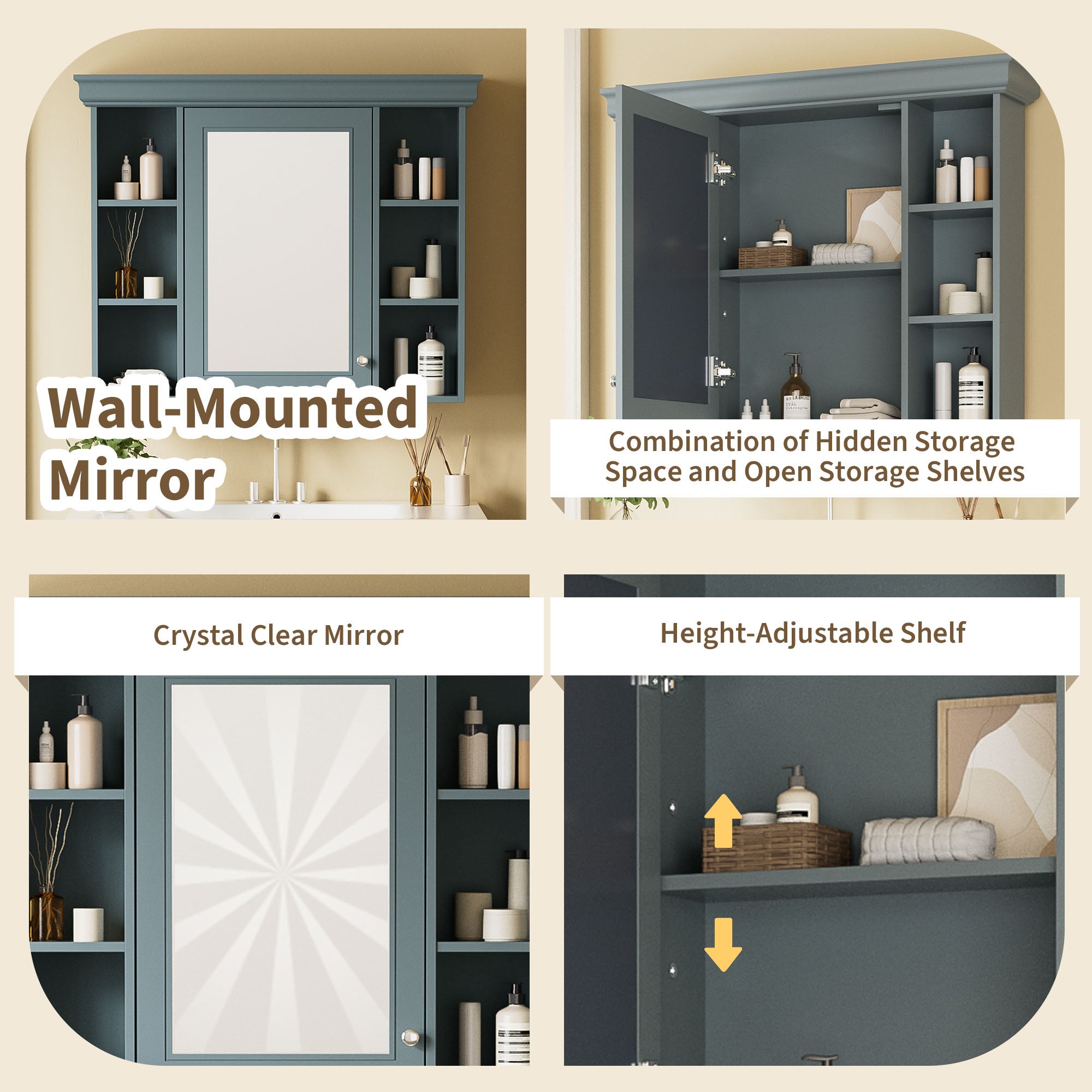 36 inch modern mirror cabinet with adjustable shelves, 2 soft closing doors, and 6 drawer storage cabinet door organizers