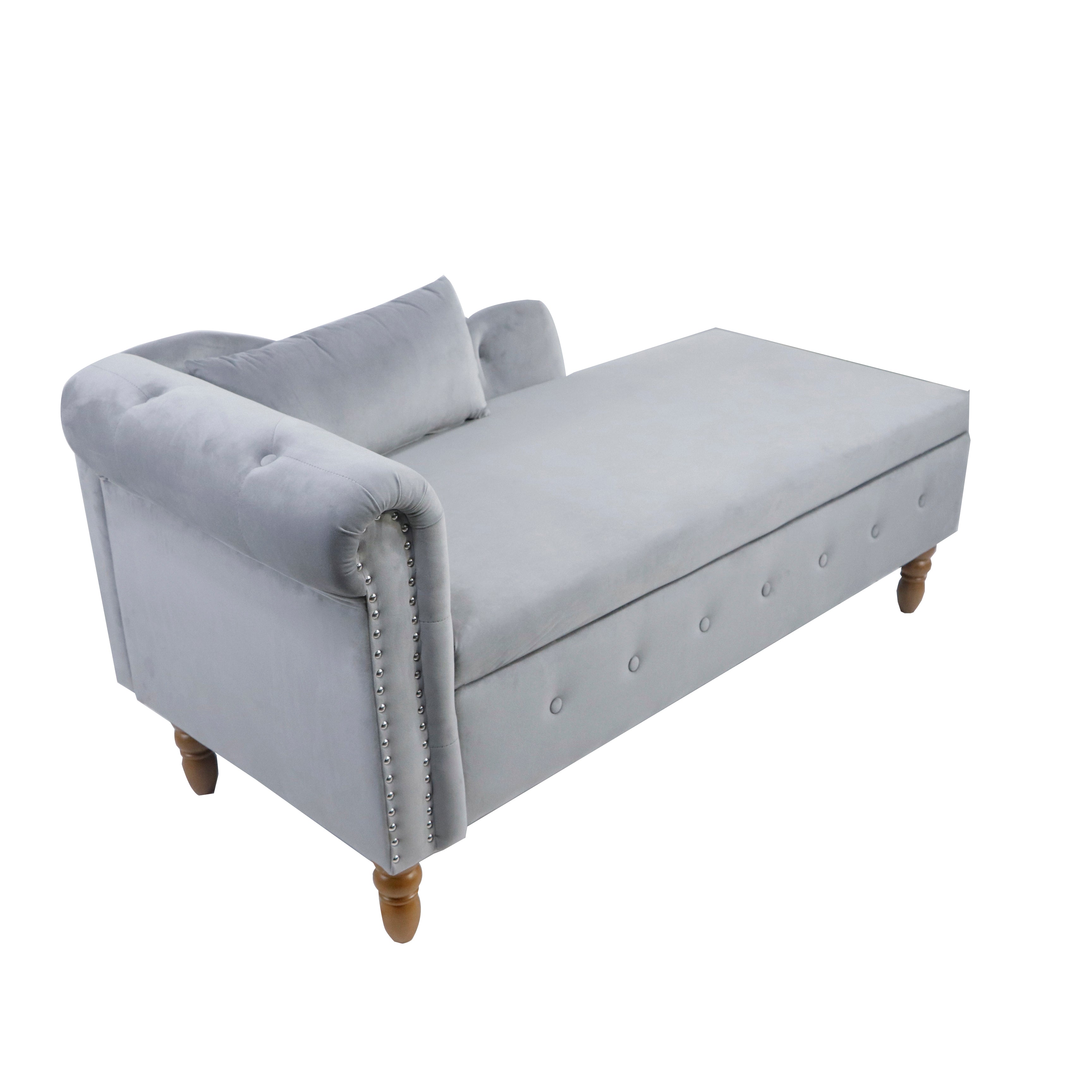 Grey Chaise Lounge Indoor Velvet Lounge Chair for Bedroom with Storage & Pillow Modern Upholstered Rolled Arm Chase Lounge