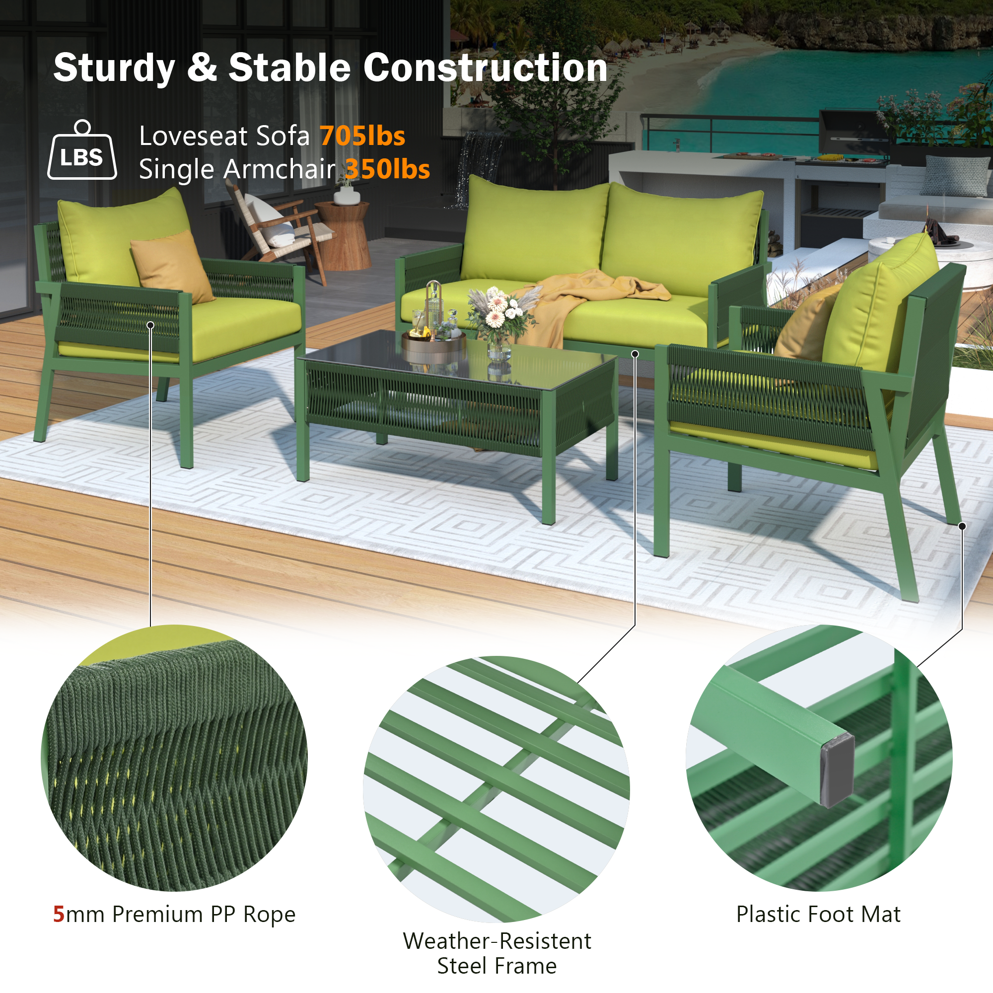 Outdoor Furniture with Tempered Glass Table,  Set Deep Seating with Thick Cushion  (Fluorescent Yellow & Green)