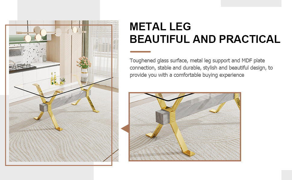 Dining table Modern tempered glass dining table Large modern office desk with gold plated metal legs and MDF crossbars