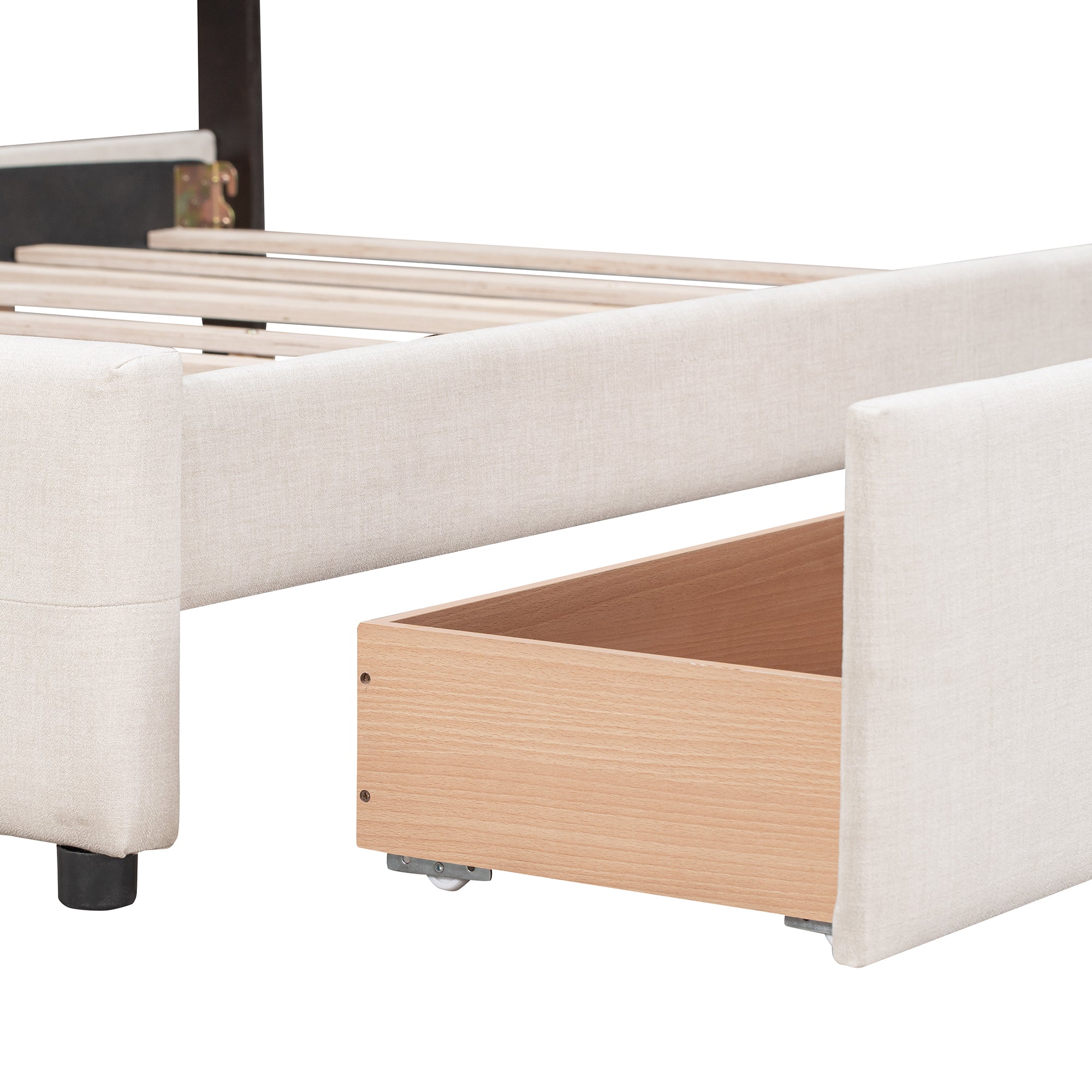 Upholstered Platform Bed with Classic Headboard and 4 Drawers No Box Spring Needed Linen Fabric Queen Size Beige