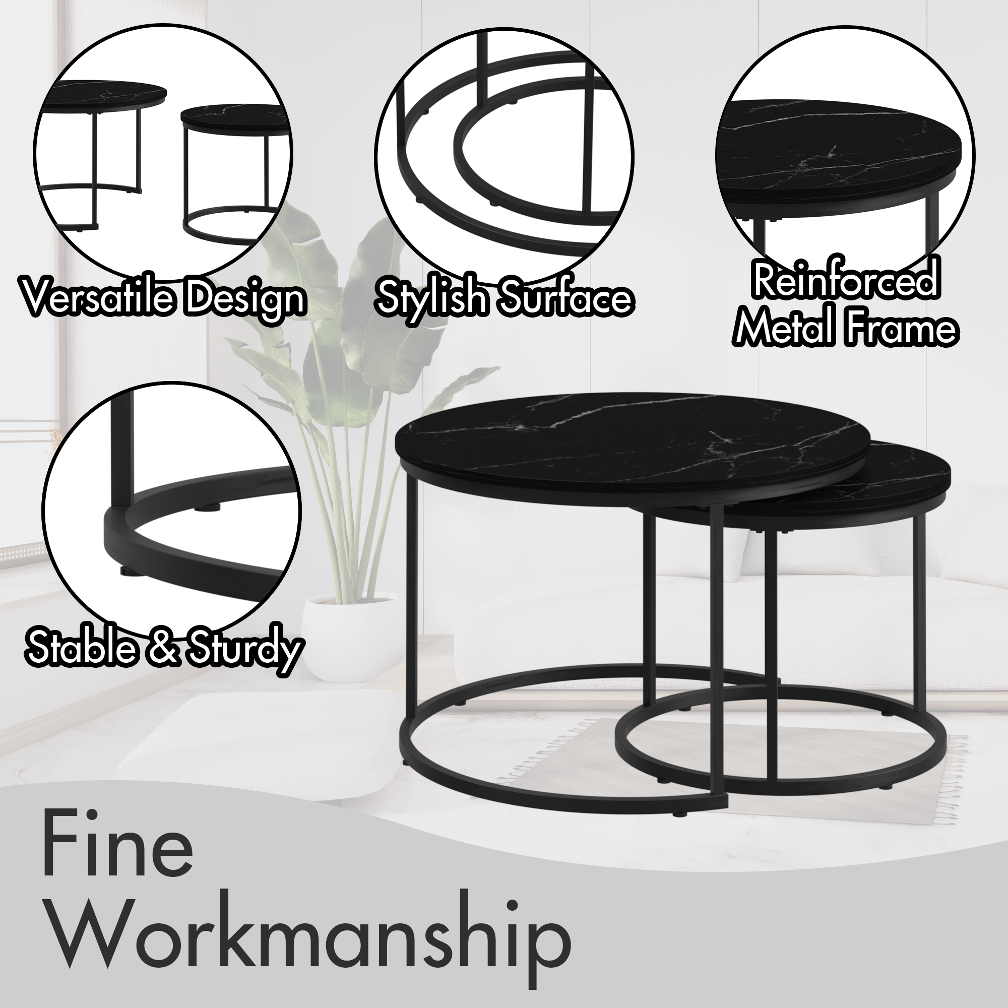 A set of nested coffee tables, 27.6-inch round coffee table, wooden marble patterned tabletop, sturdy metal frame (black)