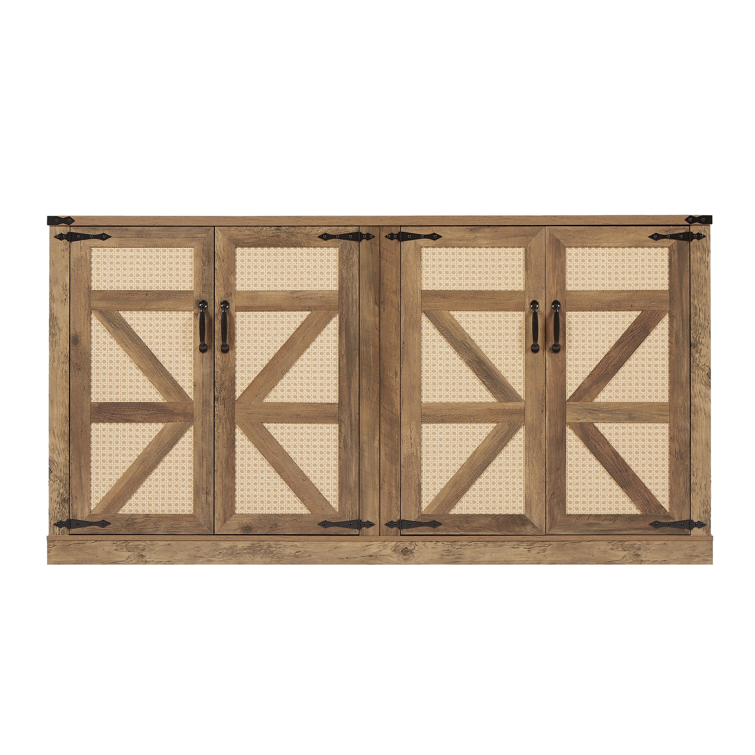 65-Inch Rustic Oak Color Faux Rattan Sideboard, Barn Door Rustic Style Sideboard, Living Room, Entryway, Bedroom