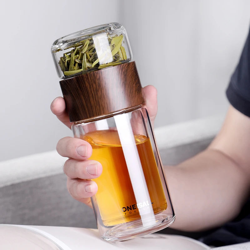 Double Wall Glass Water Bottle Tea Water Separation Glass Bottles Wood Grain With Hand Bag My Water Bottle