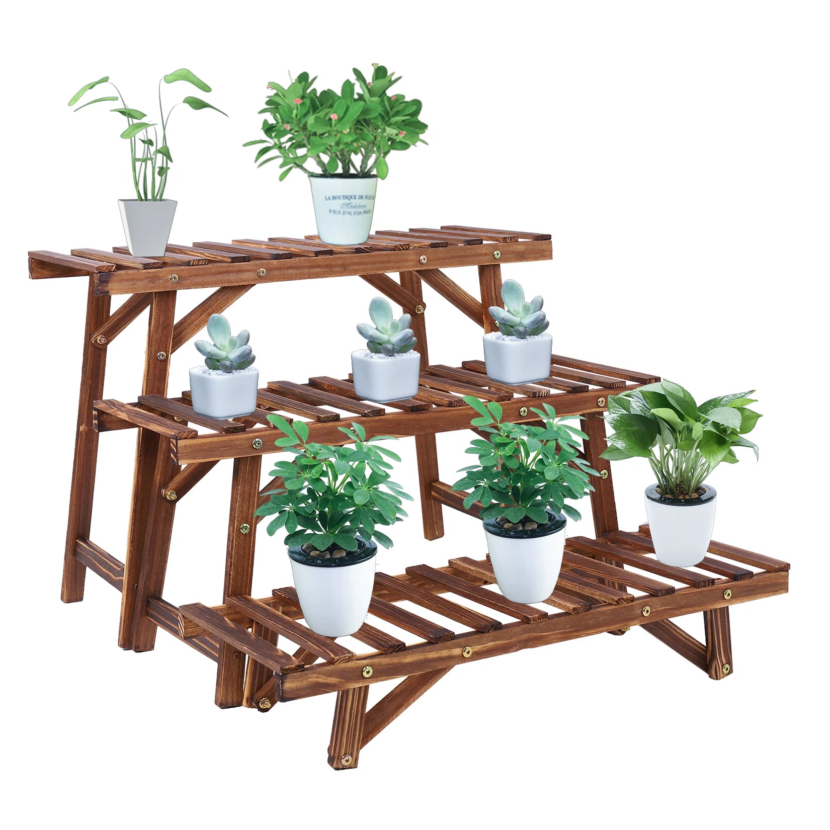 3 Tier Freestanding Ladder Shelf Wood Plant Stand Indoor Outdoor Plant Display Rack Flower Pot Holder Planter Organizer