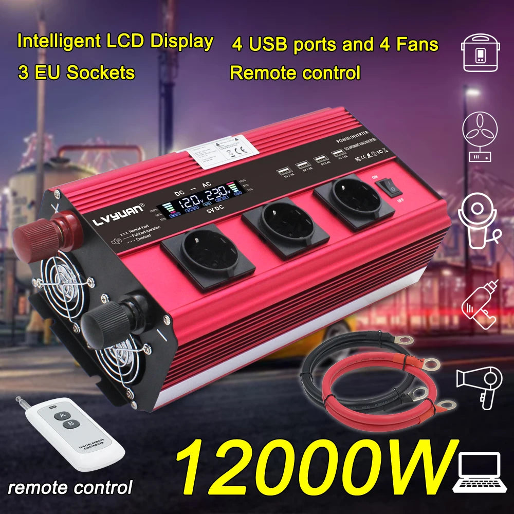 12000W Inverter 12v 220v Car inverter 3 Socket EU LCD Large Power Inverter Soler Power Inverter  Car Ac 220v Converter  Inverter