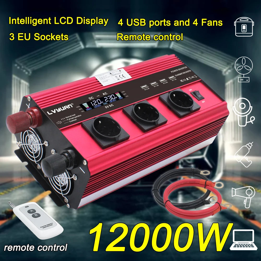 12000W Inverter 12v 220v Car inverter 3 Socket EU LCD Large Power Inverter Soler Power Inverter  Car Ac 220v Converter  Inverter