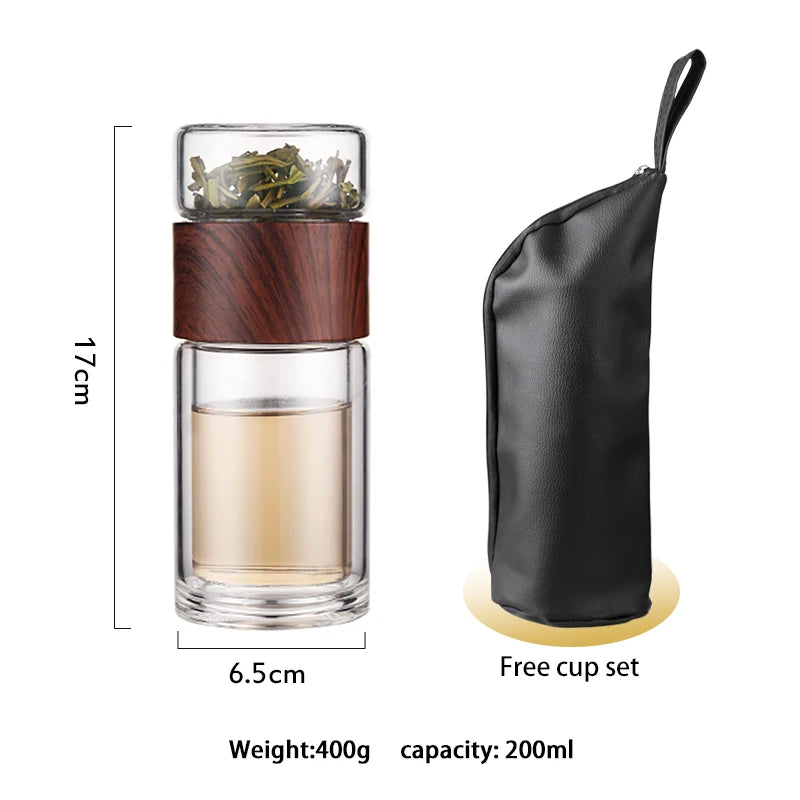 Double Wall Glass Water Bottle Tea Water Separation Glass Bottles Wood Grain With Hand Bag My Water Bottle