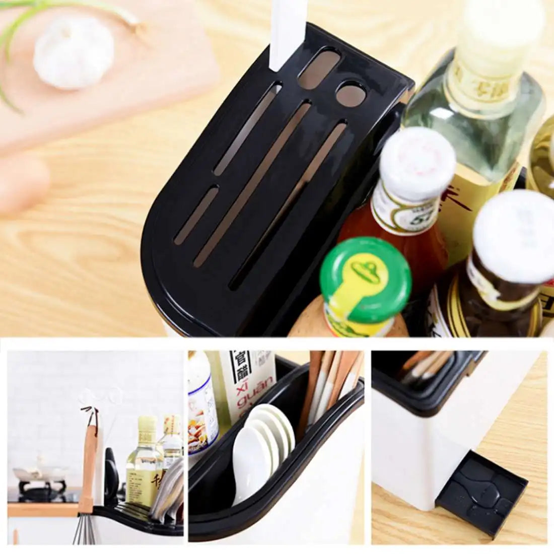 Kitchen Shelf Seasoning Container Spice Pots Box Storage Organizer Tableware Cutlery Knives Holder With Moisture Proof Cover