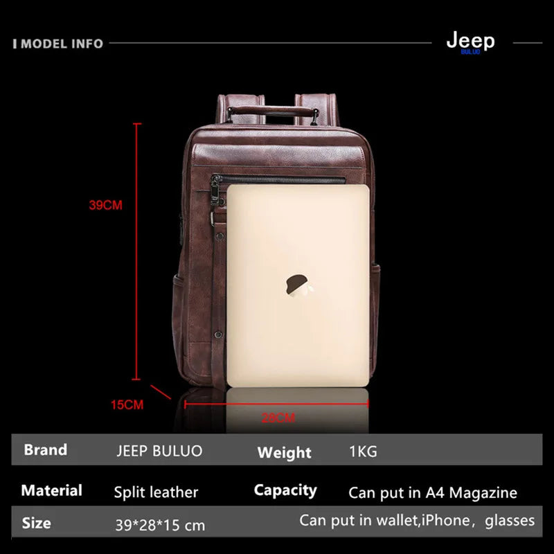 JEEP BULUO Trend Casual Laptop Bags High Capacity Feature Backpack Computer New Men's Bag Travel Split Leather Bags For Man