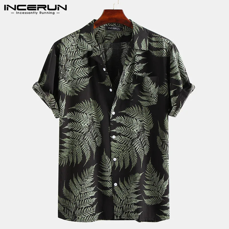 INCERUN Men Short Sleeve Lapel Printed Shirt Tropical Leaf Pattern Floral Shirt Casual Summer Hawaiian Holiday Camisa Tops S-5XL