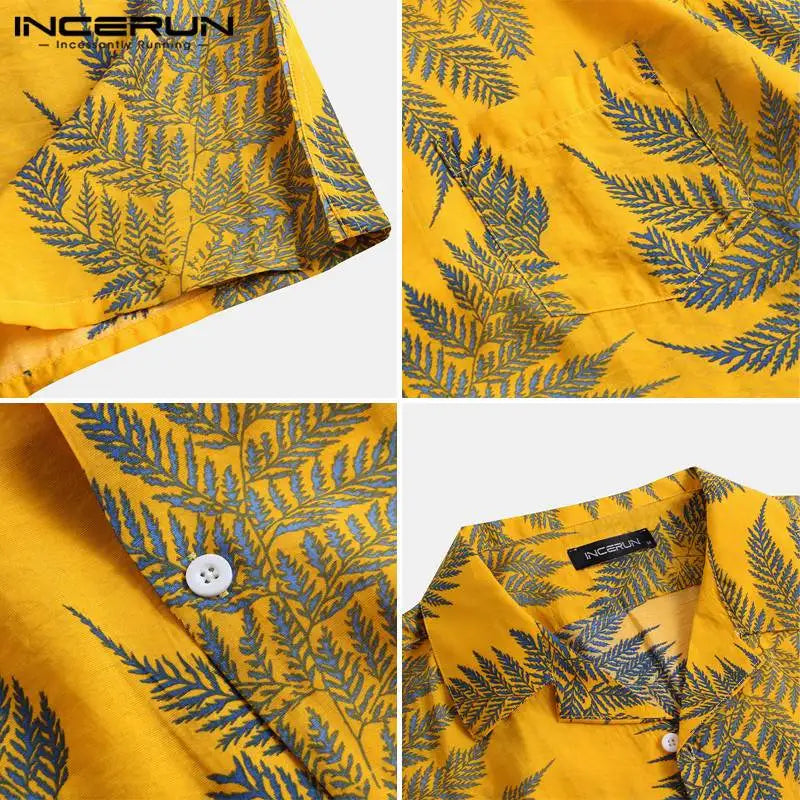 INCERUN Men Short Sleeve Lapel Printed Shirt Tropical Leaf Pattern Floral Shirt Casual Summer Hawaiian Holiday Camisa Tops S-5XL