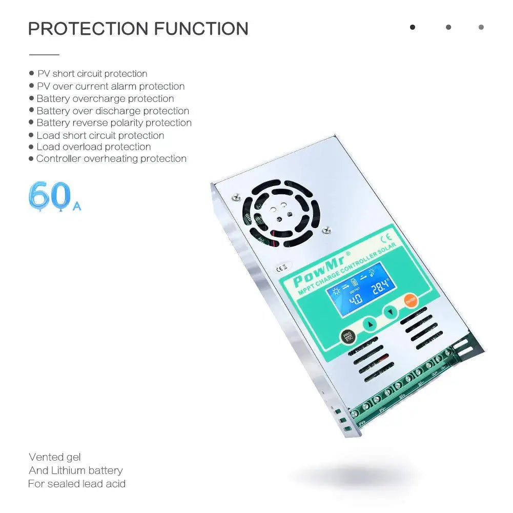 PowMr MPPT Solar Charge Controller 60A LCD Display 12V 24V 36V 48 Auto Solar Panel Battery Charge Regulator for Max 160VDC Input