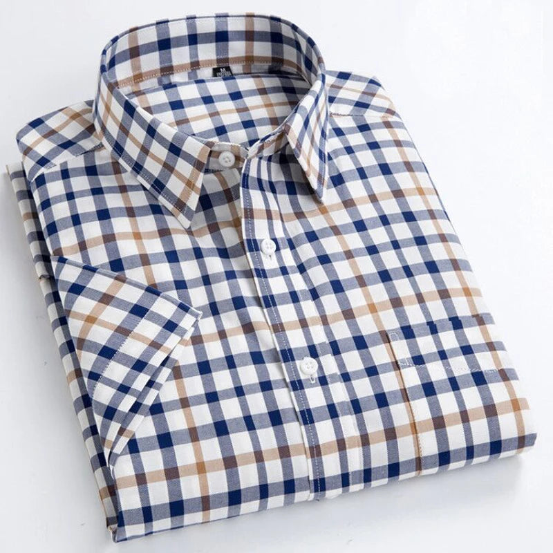 High Quality Men's Oxford Casual Shirts Leisure Design Plaid Men's Social Shirts 100% Cotton Short Sleeve Men's Dress Shirts