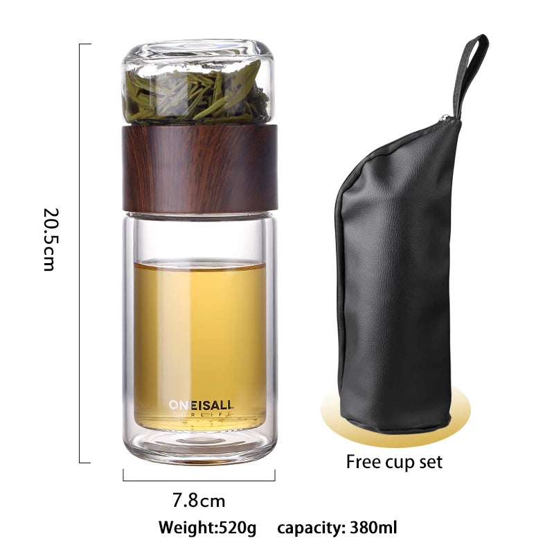 Double Wall Glass Water Bottle Tea Water Separation Glass Bottles Wood Grain With Hand Bag My Water Bottle