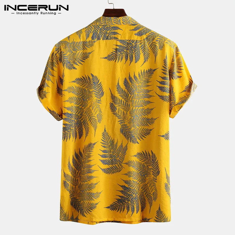 INCERUN Men Short Sleeve Lapel Printed Shirt Tropical Leaf Pattern Floral Shirt Casual Summer Hawaiian Holiday Camisa Tops S-5XL