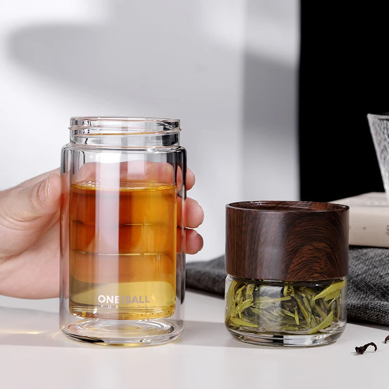 Double Wall Glass Water Bottle Tea Water Separation Glass Bottles Wood Grain With Hand Bag My Water Bottle