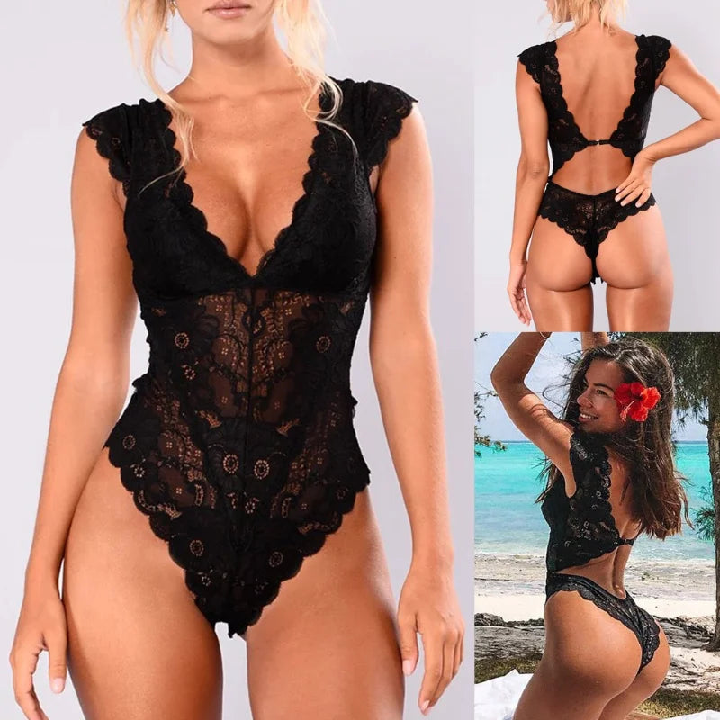 Sexy Teddies Mesh Lace Women's Bodysuit Sexy Lingerie Halter Jumpsuit Pajamas Hollow See-through Teddy Bodysuit