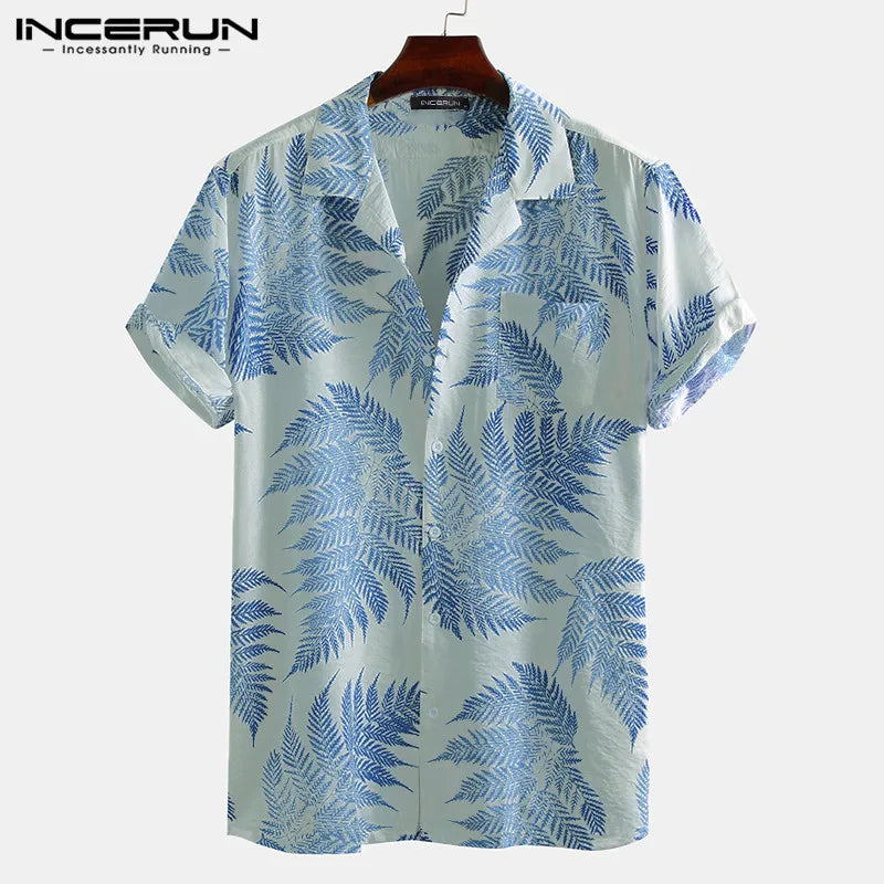 INCERUN Men Short Sleeve Lapel Printed Shirt Tropical Leaf Pattern Floral Shirt Casual Summer Hawaiian Holiday Camisa Tops S-5XL