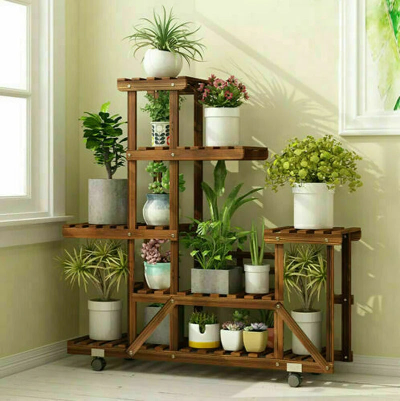 UNHO Wooden Plant Stand with Wheels Multi-Layer Rolling Plant Flower Display Shelf Indoor Movable Storage Rack Holder Outdoor fo