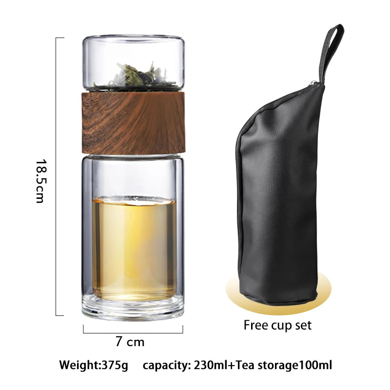 Double Wall Glass Water Bottle Tea Water Separation Glass Bottles Wood Grain With Hand Bag My Water Bottle