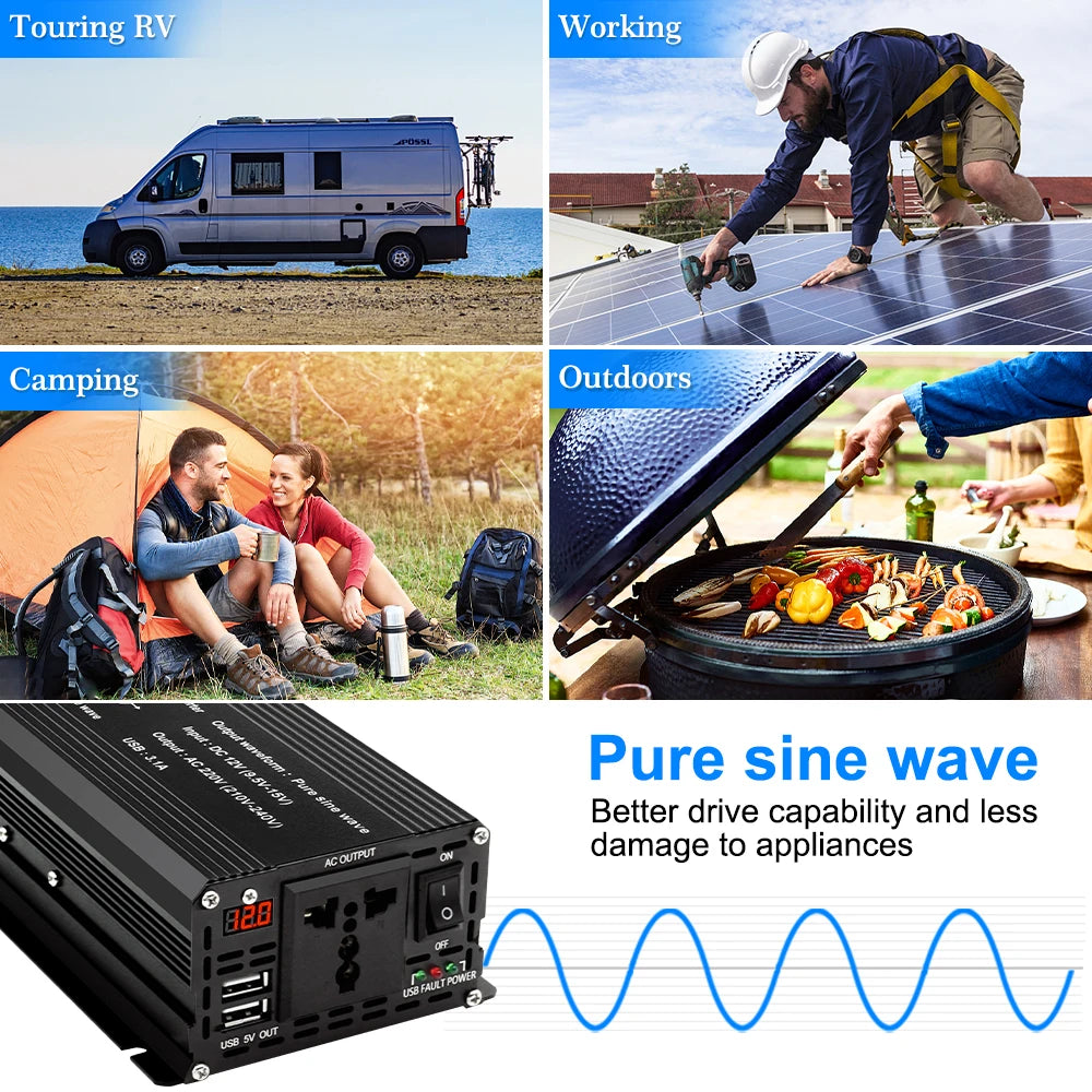 Pure Sine Wave Inverter DC 12v To AC 220V 1500/2200/2600/3000W Portable Power Bank Converter Solar Inverter Universal EU Socket