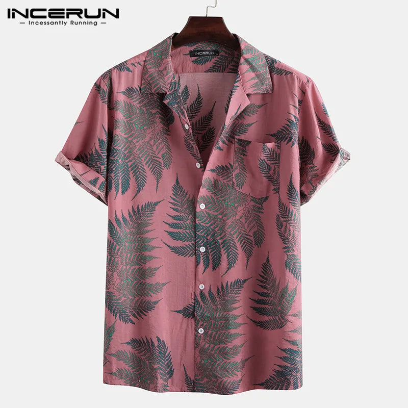 INCERUN Men Short Sleeve Lapel Printed Shirt Tropical Leaf Pattern Floral Shirt Casual Summer Hawaiian Holiday Camisa Tops S-5XL