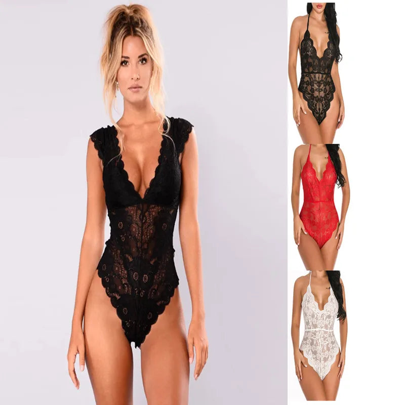 Sexy Teddies Mesh Lace Women's Bodysuit Sexy Lingerie Halter Jumpsuit Pajamas Hollow See-through Teddy Bodysuit