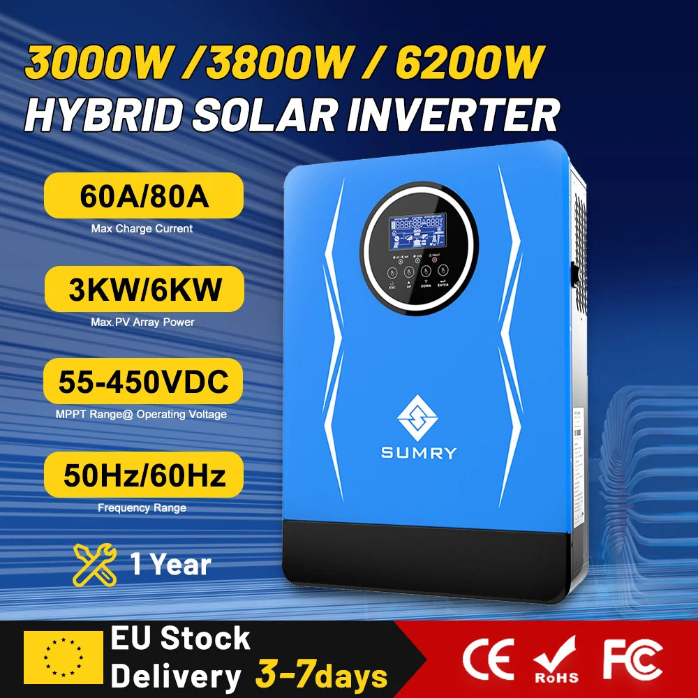 SUMRY Hybrid Inverter 3kw 3.8kw 6.2kw 24v 48V AC220-240V Solar Inverter MPPT Pure Sine Wave Inverter