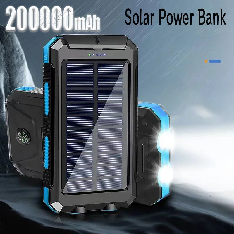 200Ah Large Capacity Outdoor Power Bank Fast Charging External Battery 2USB Solar Power Bank Flashlight for iPhone Xiaomi Huawei