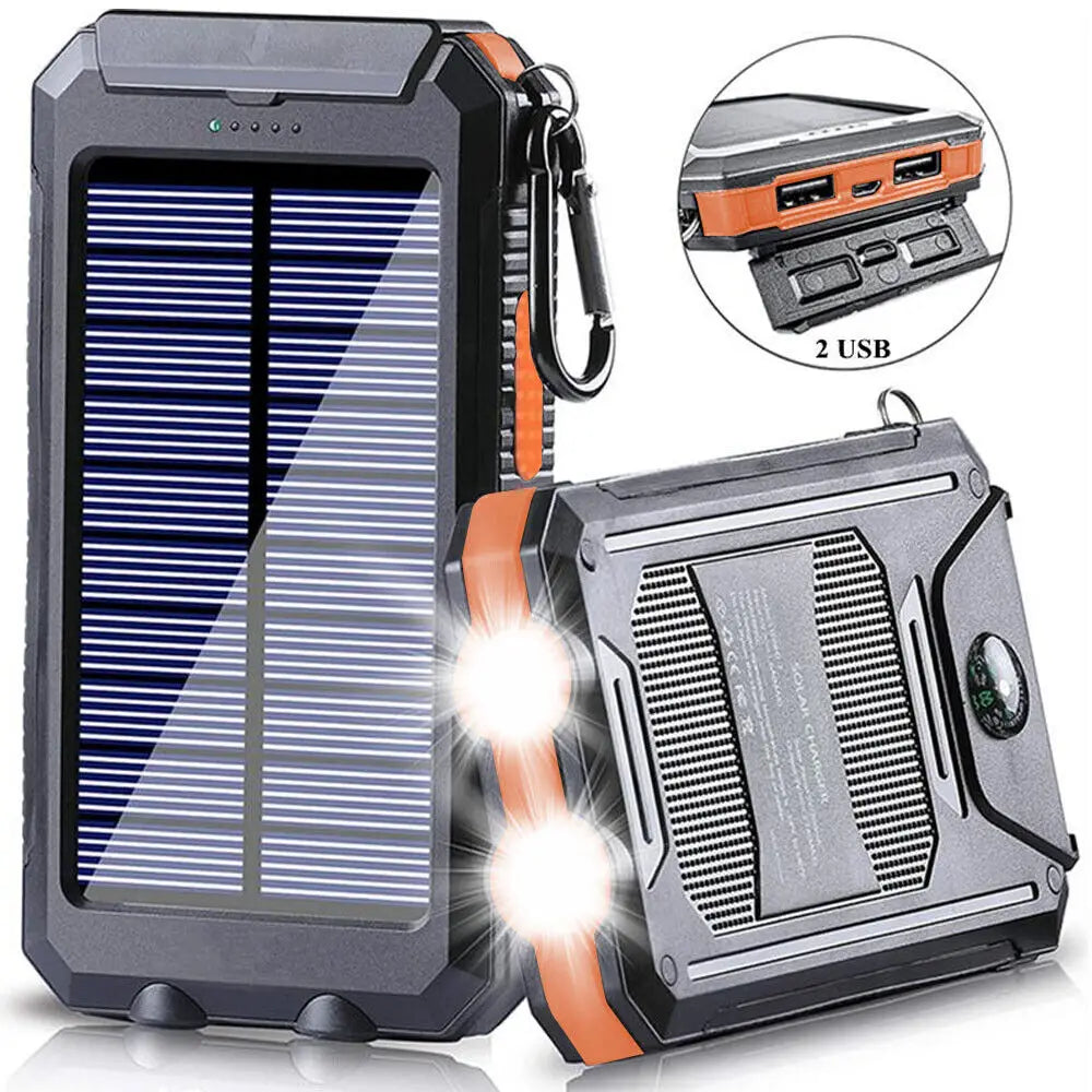 20000mah Portable Solar Power Bank Dual Usb Power External Battery Fast Charger Waterproof Power Bank with Led Light For Phone