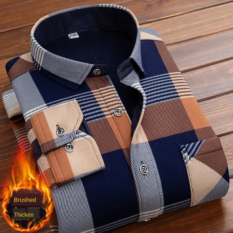 Formal Shirt For Men 2020 Long Sleeve Fleece Warm Plaid Oversized Plaid Collar Shirt Winter Velvet Clothing warm Plaid shirt 4XL