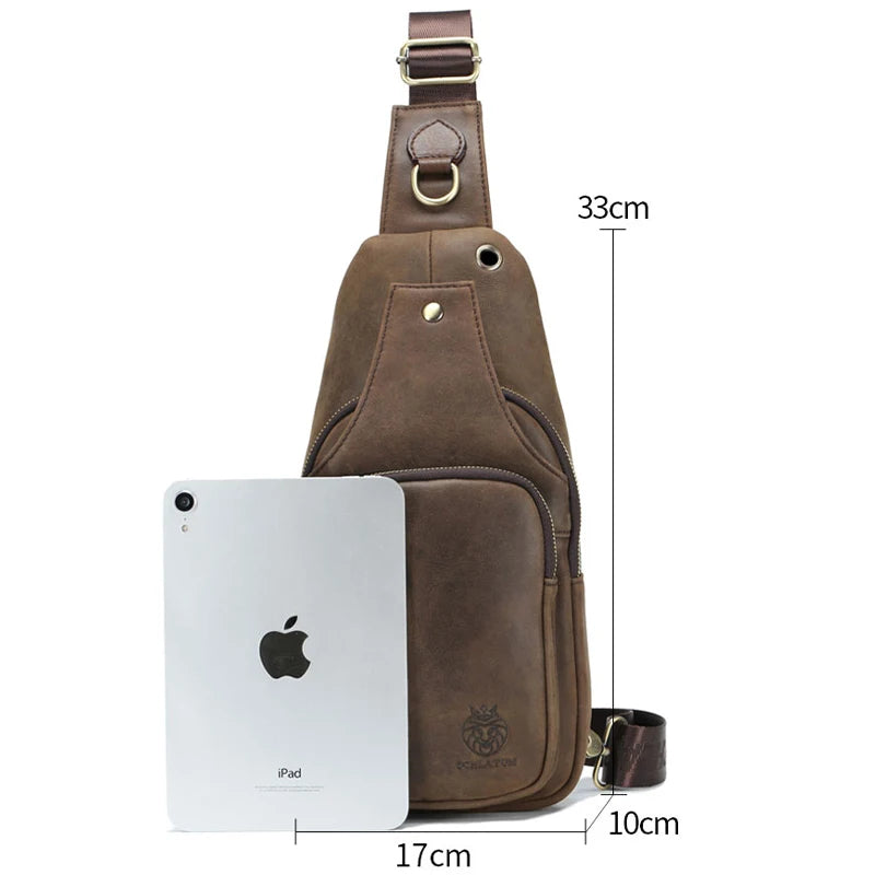 SCHLATUM 100%Genuine Leather Chest Bag Casual Triangle Crossbody Design Travel Shoulder Backpack Men Leather Multifunctional Bag