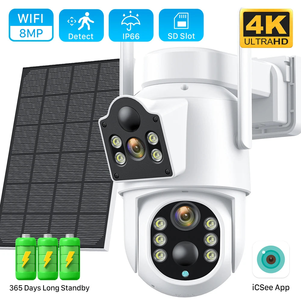 360 Days Long Standby 8MP 4K PIR Solar Camera Wifi Outdoor Dual Lens HD 4MP PTZ IP Camara 7800mAh Battery CCTV Security Camera