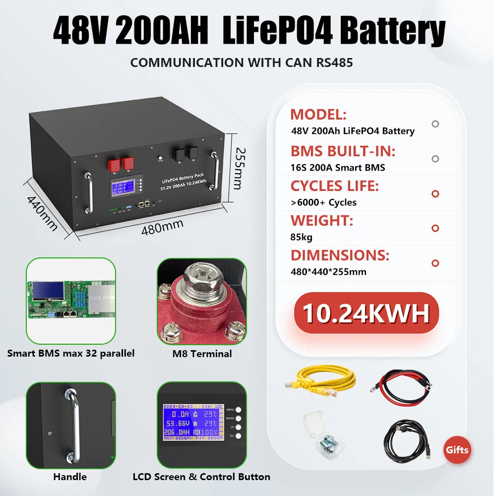 LiFePO4 48V 200Ah 10KW Lithium Battery 51.2V 100Ah 150Ah＞6000 Cycles 32 Parallel With CAN BUS/RS485 For Solar-EU UKR No Tax