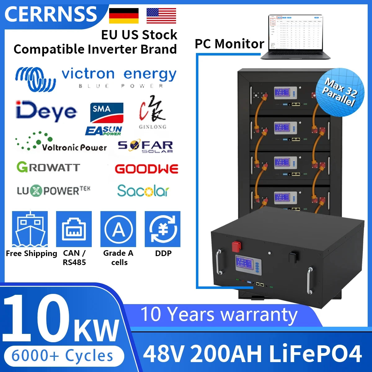 48V 200AH 150AH 100AH LiFePO4 Battery Pack 51.2V 10KW Lithium Solar Battery Rechargeable Battery 6000+ Cycle For Inverter No TAX