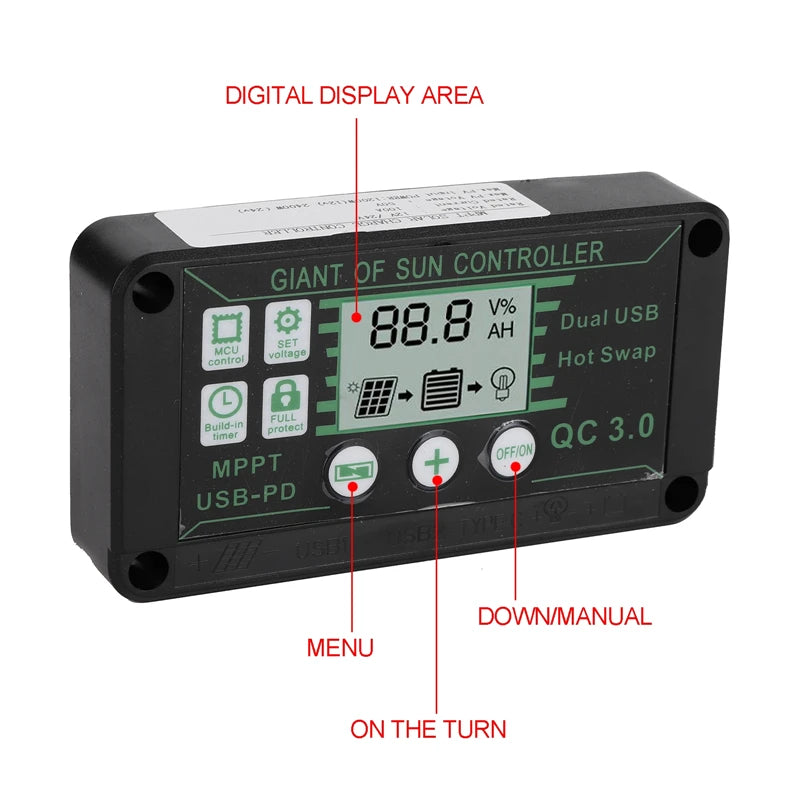 Waterproof 10A-60A Solar Charge Controller MPPT 12V/24V Charge Controller Dual USB Auto Solar Cell Panel Charger Regulator