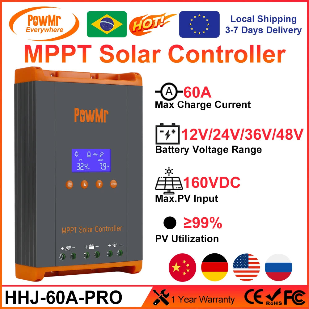 PowMr MPPT 60A Solar Charge Controller Parallel Version for 12V 24V 36V 48V Battery Vented Sealed Gel Nicd Li 160VDC Solar Panel