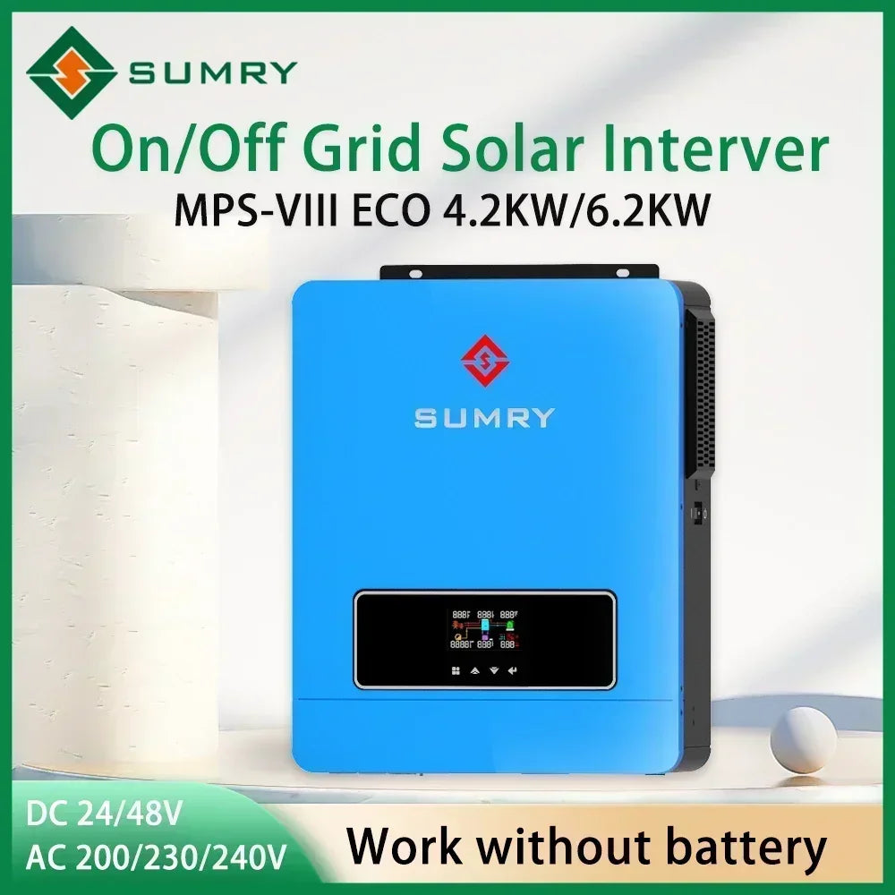 SUMRY 6.2KW 4.2KW Hybrid Solar Inverter On off Grid Pure Sine Wave Inverter 24V 48V 230V Dual Output MPPT 120A Solar Charger