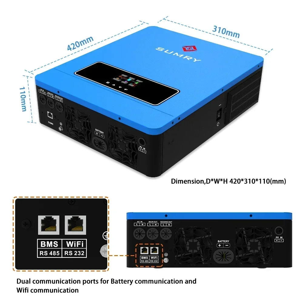 SUMRY 6.2KW 4.2KW Hybrid Solar Inverter On off Grid Pure Sine Wave Inverter 24V 48V 230V Dual Output MPPT 120A Solar Charger