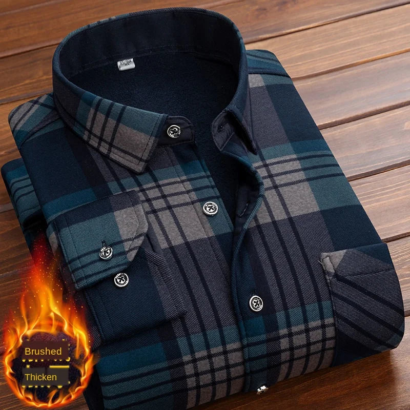 Formal Shirt For Men 2020 Long Sleeve Fleece Warm Plaid Oversized Plaid Collar Shirt Winter Velvet Clothing warm Plaid shirt 4XL